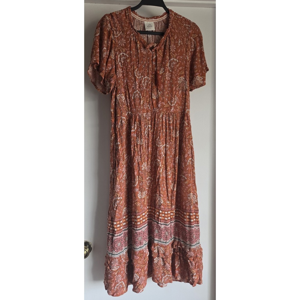 Knox Rose Midi Dress M Boho Floral Rust Short Sleeve Casual Gown Cottagecore